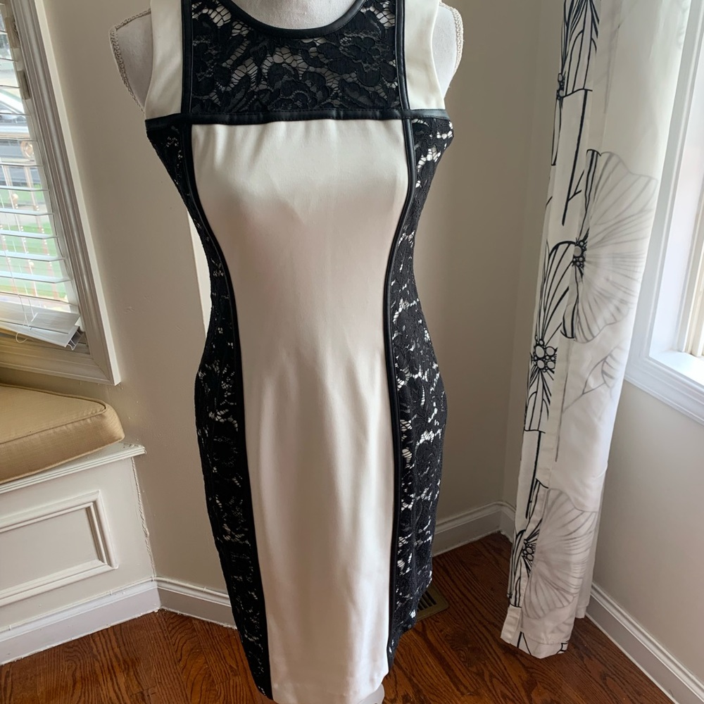 NWOT Calvin Klein Black and White Floral Lace Dress with Faux Leather Lining